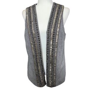 Chico's Vest Women Size 1/Medium Gray Embellished Wool Blend Tweed Boho Artsy